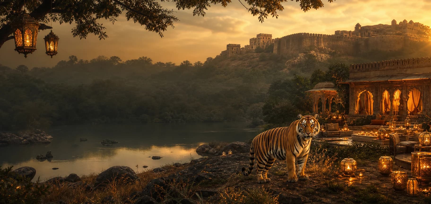 Cinematic composition of a tiger, forest, lake and Ranthambore fort at sunset